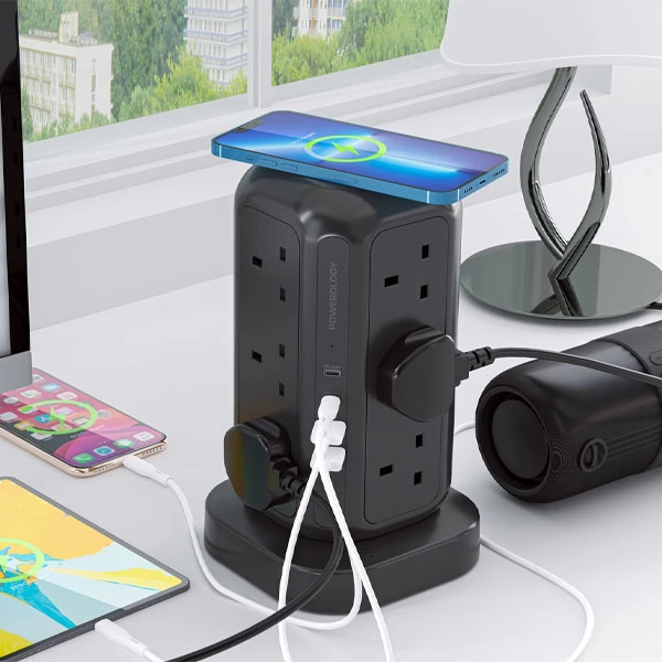 چند راهی برق و شارژر پاورولوژی Powerology 12 Socket GaN Tower Hub PWCUQC025 دارای 4 پورت