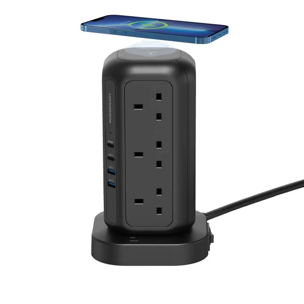 چند راهی برق و شارژر پاورولوژی Powerology 12 Socket GaN Tower Hub PWCUQC025 دارای 4 پورت
