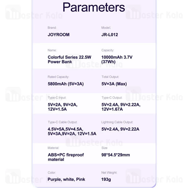 پاوربانک 10000 جویروم Joyroom JR-L012 توان 22.5 وات