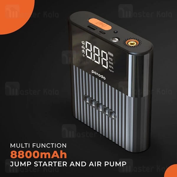 پاوربانک و کمپرسور باد و جامپ استارتر خودرو 8800 میلی آمپر Porodo Multi Function Jump Starter