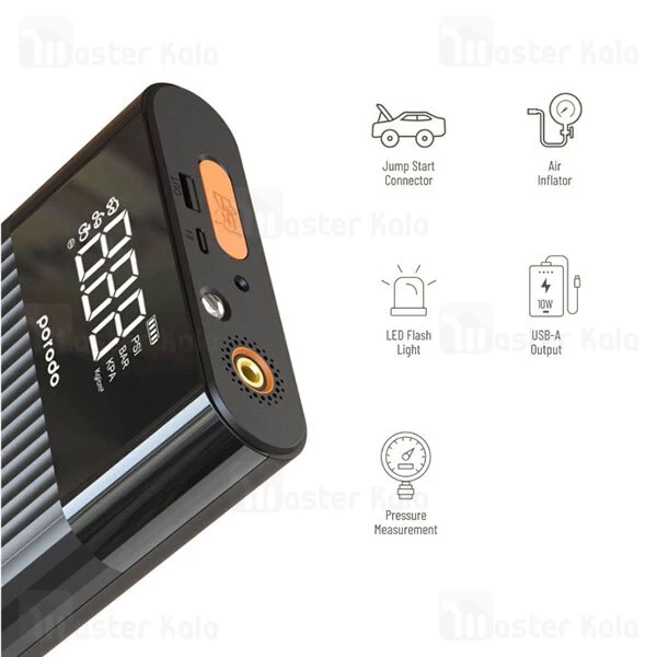 پاوربانک و کمپرسور باد و جامپ استارتر خودرو 8800 میلی آمپر Porodo Multi Function Jump Starter