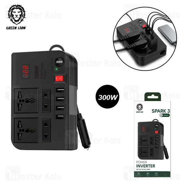 شارژر فندکی و چند راهی برق خودرو گرین لاین Green Lion Spark 3 Power Inverter توان 300 وات