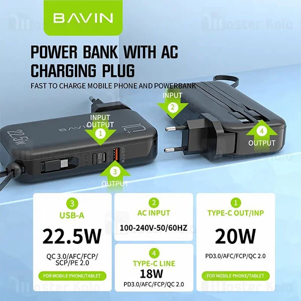 پاوربانک 10000 باوین Bavin PC032Y توان 22.5 وات همراه با 3 کابل متصل