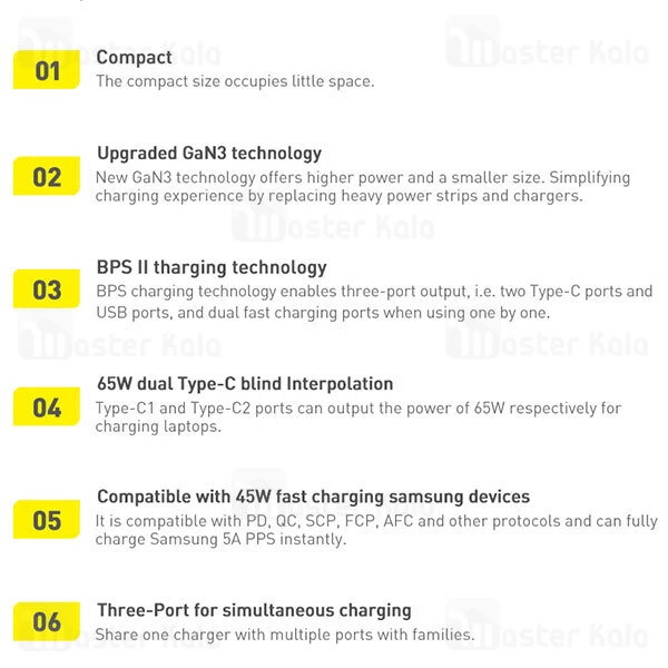شارژر دیواری Baseus GaN3 Pro Fast Charger 2C+U CCGP050101 EU QC PD FCP SC 65W