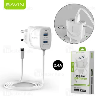 شارژر دیواری باوین Bavin PC521Y 2U With Line Usb Charger 2.4A EU توان 2.4 آمپر همراه کابل متصل
