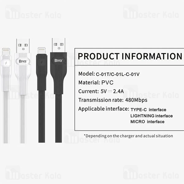 کابل لایتنینگ بیوا Biva C-01L طول 1 متر شدت جریان 2.4 آمپر