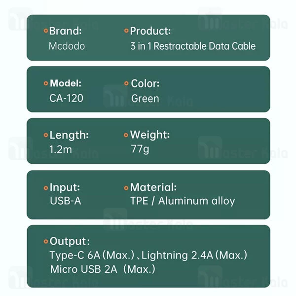 کابل سه سر جمع شونده مک دودو Mcdodo CA-1202 طول 1.1 متر توان 66 وات