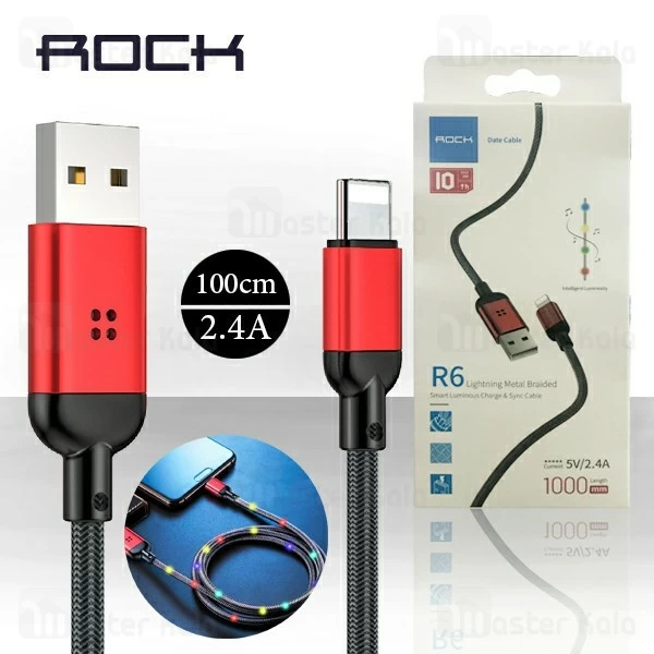 کابل لایتنینگ راک Rock R6 Lightning Metal Braided 2.4A دارای رقص نور
