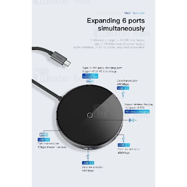 شارژر وایرلس و هاب 5 پورت بیسوس Baseus Circular Mirror Wireless Charger HUB WXJMY-0G