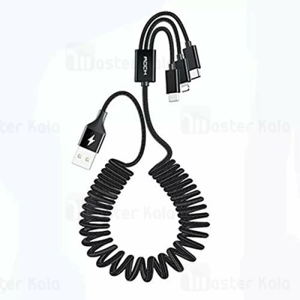 کابل سه سر راک Rock RCB0722 3 in 1 Metal Stretchable Cable طراحی تلفنی