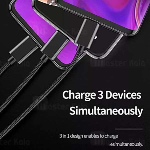 کابل سه سر راک Rock RCB0722 3 in 1 Metal Stretchable Cable طراحی تلفنی