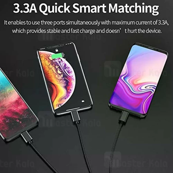 کابل سه سر راک Rock RCB0722 3 in 1 Metal Stretchable Cable طراحی تلفنی