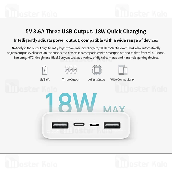 پاوربانک 20000 فست شارژ شیائومی Xiaomi Mi Power Bank 3 PLM18ZM 18W QC3 ورژن 3