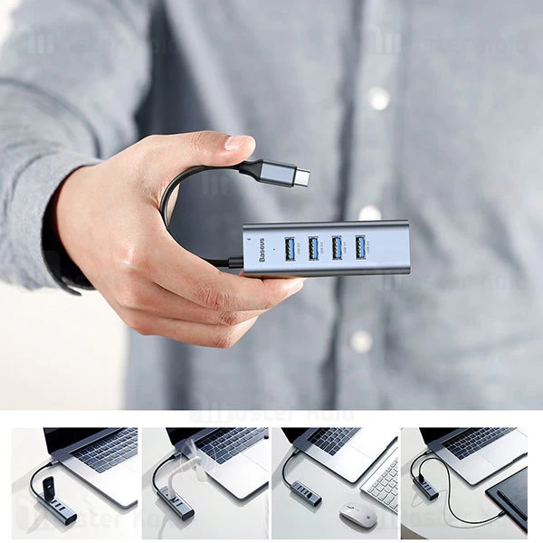 تبدیل Type-C به USB بیسوس Baseus Type-C to USB3x4+PD HUB adapter CAHUB-Q0G دارای 4 پورت