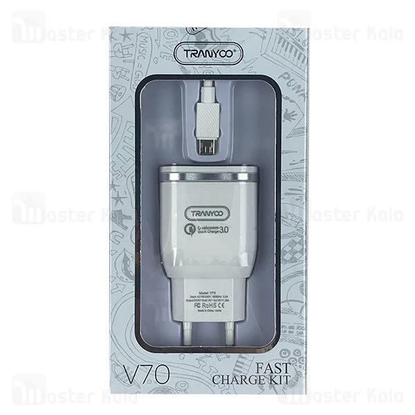 شارژر دیواری ترانیو Tranyoo V70 3.6A QC3 با کابل همراه