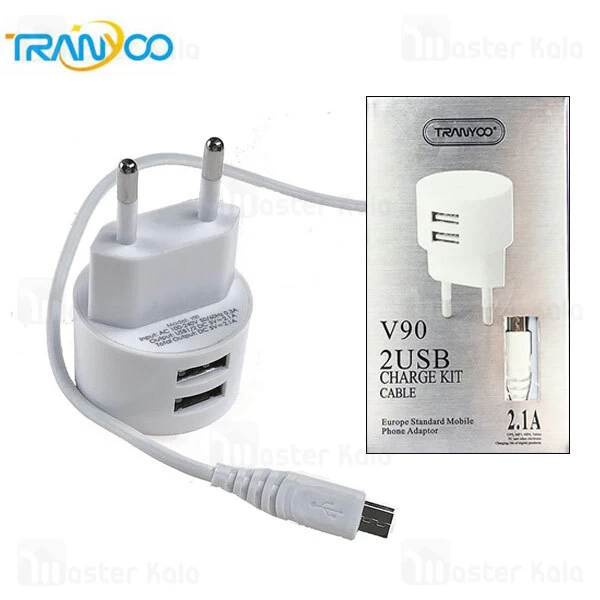 شارژر دیواری ترانیو Tranyoo V90 2.1A Charge Kitدو پورت با کابل همراه