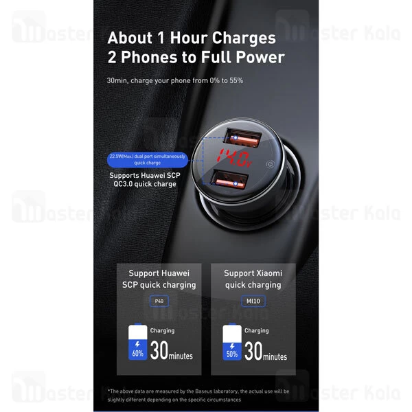 شارژر فندکی سوپر شارژ بیسوس Baseus Digital Dual Quick Charger 45W TZCCBX-B0G همراه کابل