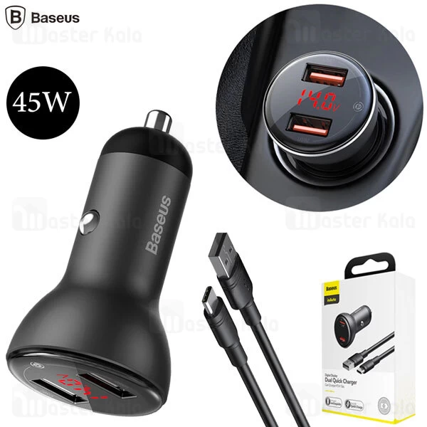 شارژر فندکی سوپر شارژ بیسوس Baseus Digital Dual Quick Charger 45W TZCCBX-B0G همراه کابل