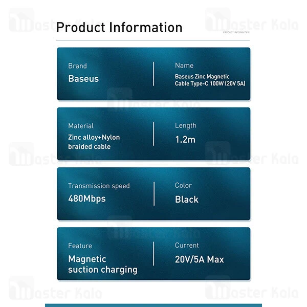 کابل مگنتی تایپ سی به تایپ سی بیسوس Baseus Zinc Magnetic CATXC-K01 طول 1.2 متر توان 100 وات