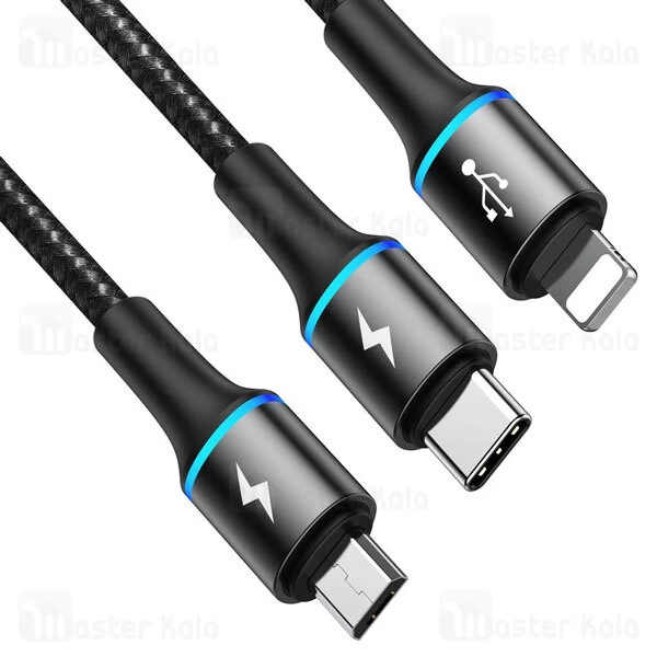 کابل سه سر بیسوس Baseus Halo 3 in 1 2.4A Fast Charge Data Cable CAMLT-FA01 توان 2.4 آمپر طول 1.2 متر