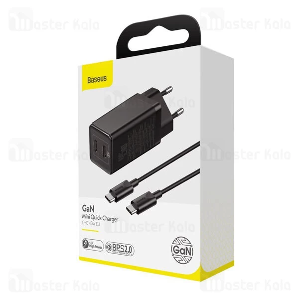 شارژر دیواری فست شارژ بیسوس Baseus GaN2 Quick Charger Dual TYPE-C CCGAN-M01 45W توان 45 وات با کابل