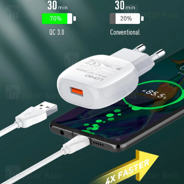 شارژر دیواری فست شارژ الدینیو LDNIO A1306Q Fast Wall Charger QC3.0 18W توان 18 وات همراه کابل