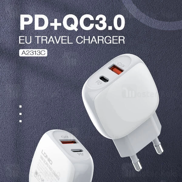 شارژر دیواری فست شارژ الدینیو LDNIO A2313C Fast Travel Charger PD QC3.0 18W توان 18 وات همراه کابل