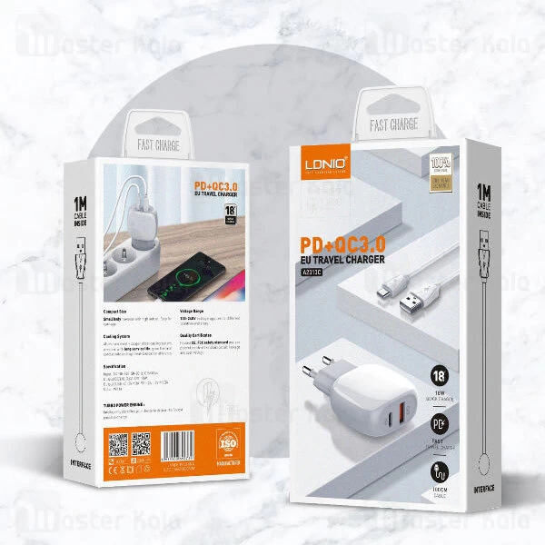 شارژر دیواری فست شارژ الدینیو LDNIO A2313C Fast Travel Charger PD QC3.0 18W توان 18 وات همراه کابل