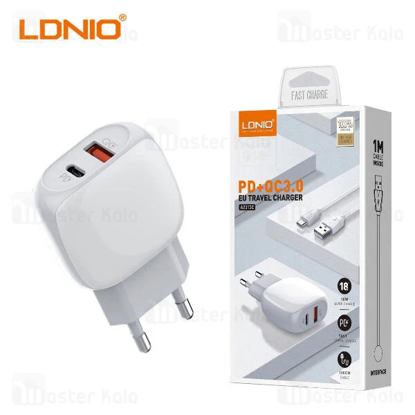 شارژر دیواری فست شارژ الدینیو LDNIO A2313C Fast Travel Charger PD QC3.0 18W توان 18 وات همراه کابل