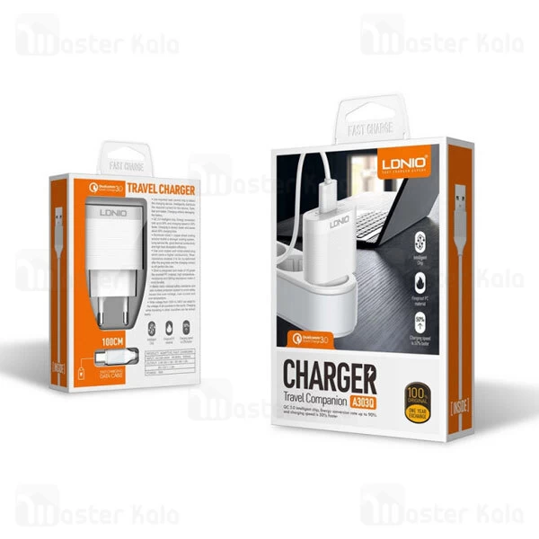 شارژر دیواری فست شارژ الدینیو LDNIO A303Q Travel Companion QC3.0 Fast Charger 18W توان 18 وات