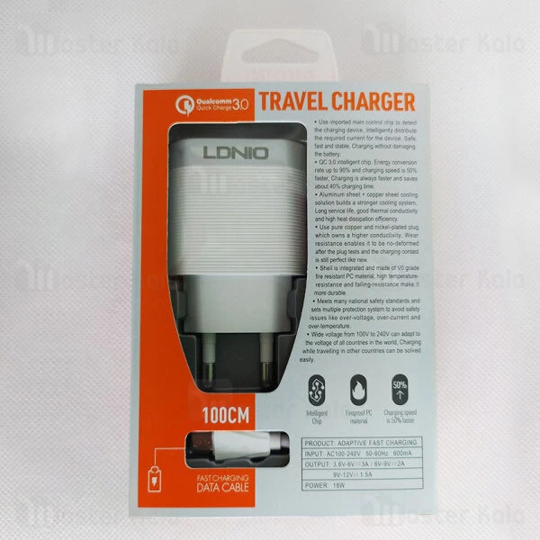 شارژر دیواری فست شارژ الدینیو LDNIO A303Q Travel Companion QC3.0 Fast Charger 18W توان 18 وات