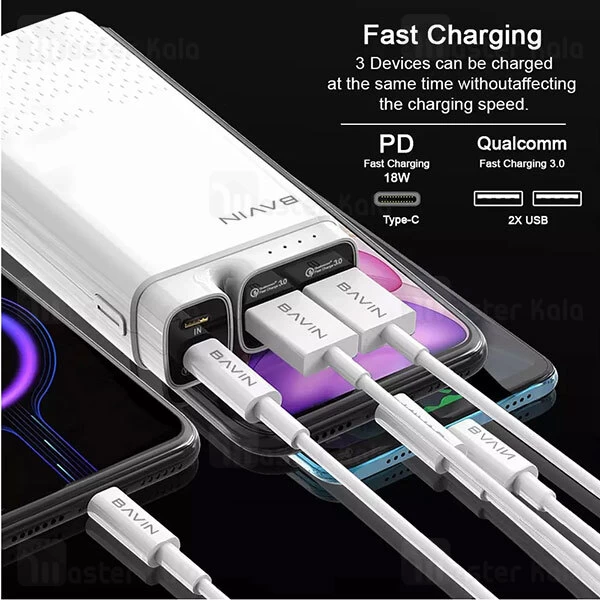پاوربانک 10000 فست شارژ باوین Bavin PC085 QC3 PD Type C Power Bank 18W توان 18 وات