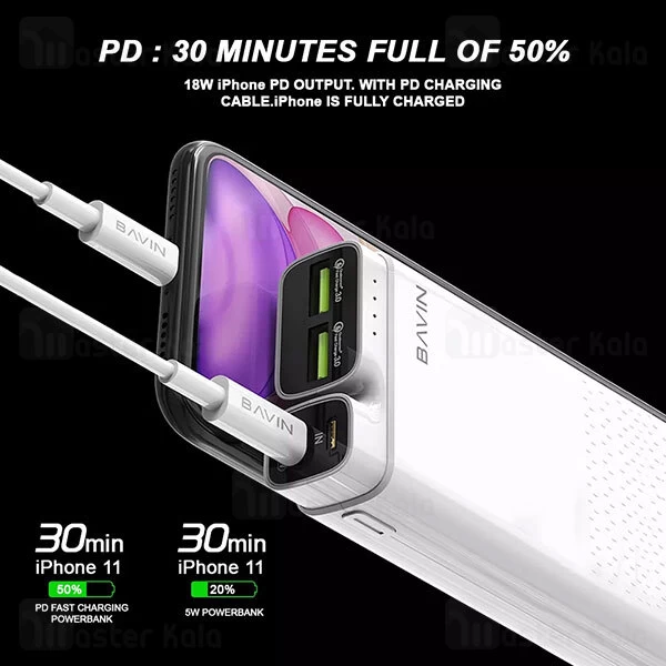 پاوربانک 10000 فست شارژ باوین Bavin PC085 QC3 PD Type C Power Bank 18W توان 18 وات