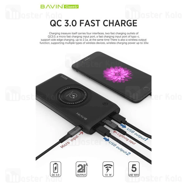 پاوربانک باوین Bavin PC095 QC3 PD 18W Type C 10000mAh Power Bank