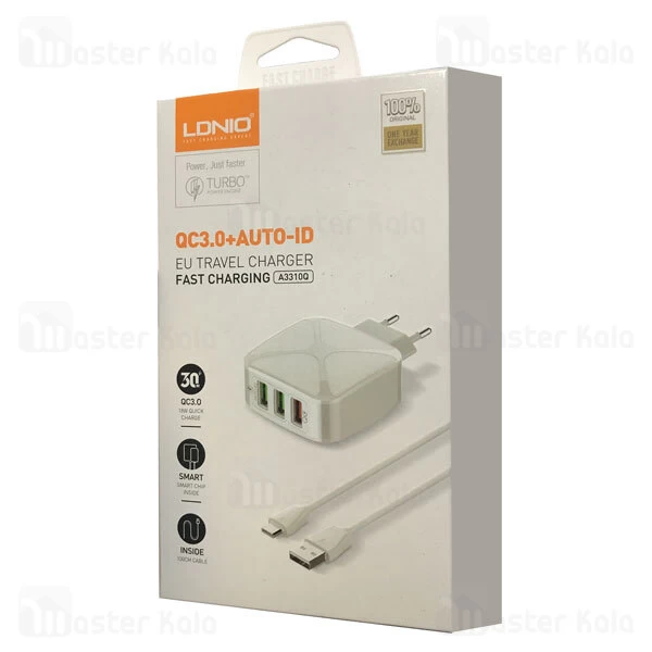 شارژر دیواری فست شارژ الدینیو LDNIO A3310Q Auto-ID Fast Charger 30W توان 30 وات