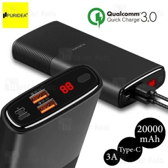 پاوربانک 20000 فست شارژ پوریدا Puridea S18 QC3.0 Power Bnak سه پورت 