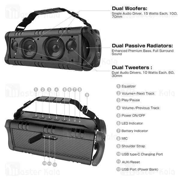 اسپیکر بلوتوث دبلیو کینگ W-King D8 Portable Bluetooth Speaker توان 50 وات فلش خور به همراه ریموت