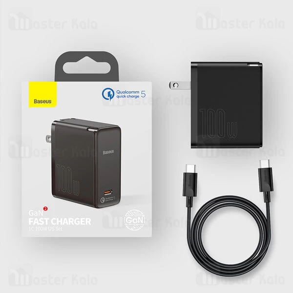شارژر دیواری Baseus GaN2 Fast Charger 1C 100W Set CN With Mini White Type C to Type C 5A 1.5m Cable