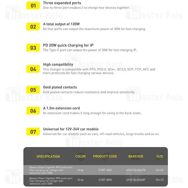 شارژر فندکی Baseus Share Together Car Charger Cigarette Lighter Expansion 120W CCBX-120C2 CCBT-A0G