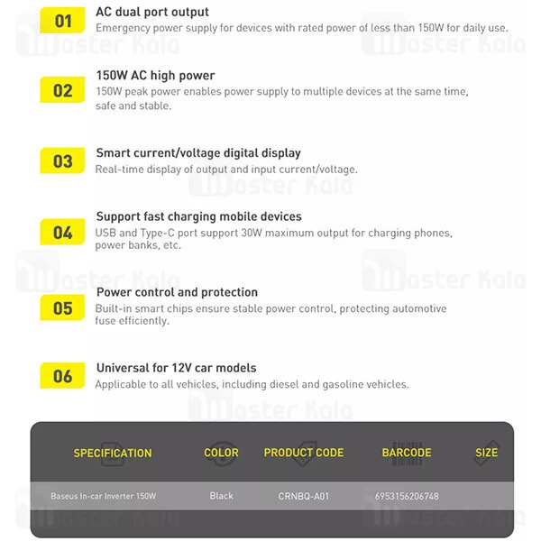 چند راهی خودرو بیسوس Baseus In-car Inverter 150W CRNBQ-A01 شارژر فندکی