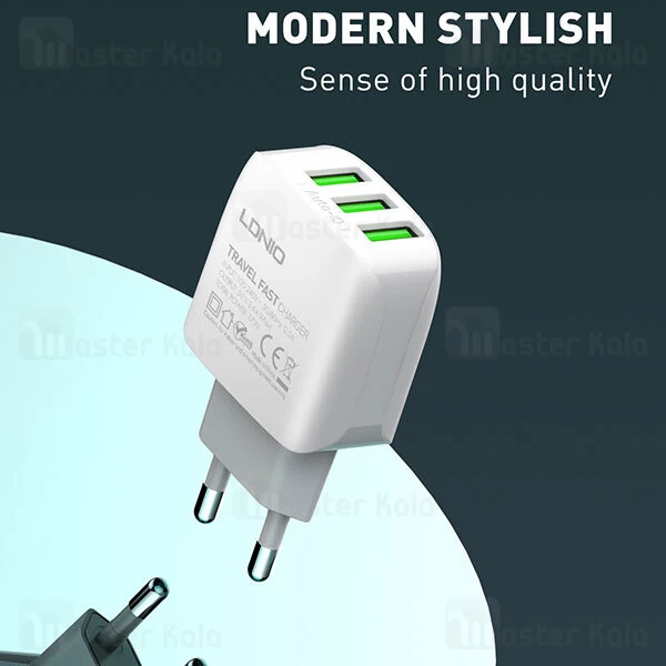 شارژر دیواری LDNIO A3312 Auto-ID Triple Fast Wall Charger 17W With Cable