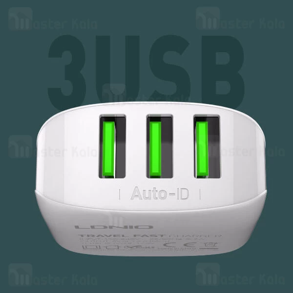 شارژر دیواری LDNIO A3312 Auto-ID Triple Fast Wall Charger 17W With Cable