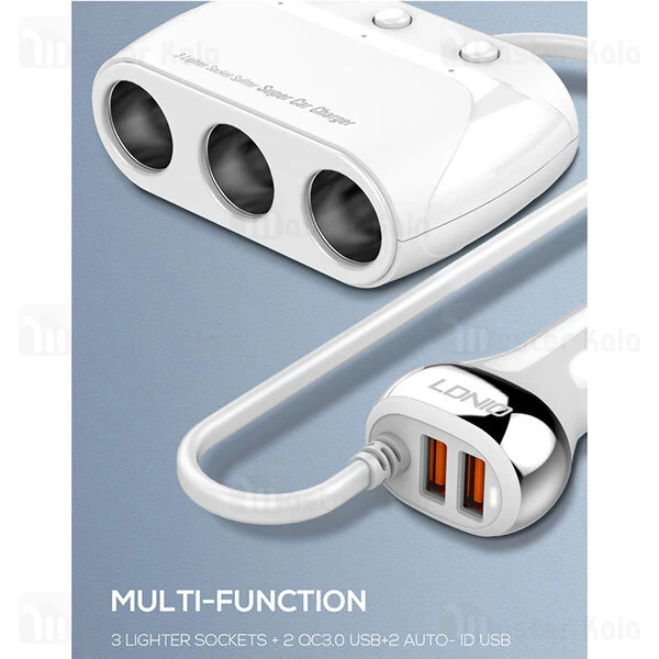 شارژر فندکی LDNIO C504Q Car Charger QC3.0 With Cigarette Lighter Expansion 160W
