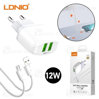 شارژر دیواری الدینیو LDNIO A2219 QC2.0 Dual USB Fast Wall Charger 12W توان 12 وات همراه کابل