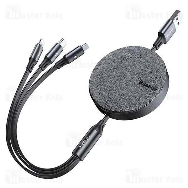 کابل سه سر بیسوس Baseus Fabric 3-in-1 CAMLT-BYG1 توان 3.5 آمپر و طول 1.2 متر و دارای سیم جمع کن