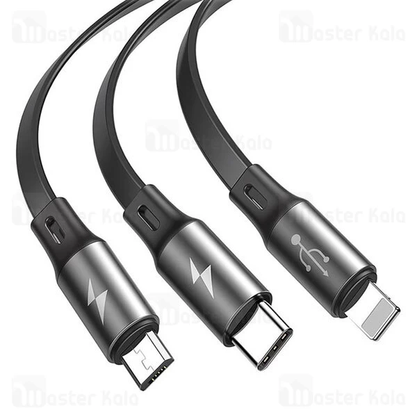 کابل سه سر بیسوس Baseus Fabric 3-in-1 CAMLT-BYG1 توان 3.5 آمپر و طول 1.2 متر و دارای سیم جمع کن