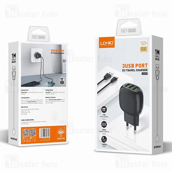 شارژر دیواری LDNIO A3309 3USB Wall Charger 17W With Cable