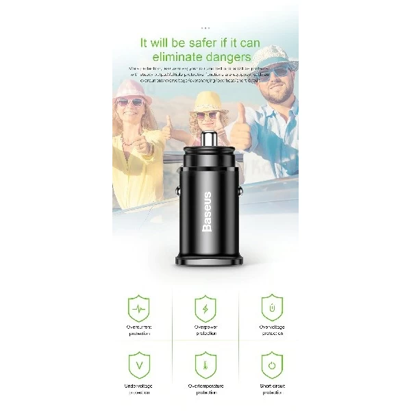 شارژر فندکی فست شارژ Baseus Square metal PPS QC4.0 CCALL-AS01 توان 5 آمپر با پورت Type C