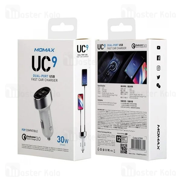 شارژر فندکی Momax UC9 Dual Port USB Qualcomm 3.0 Car Charger