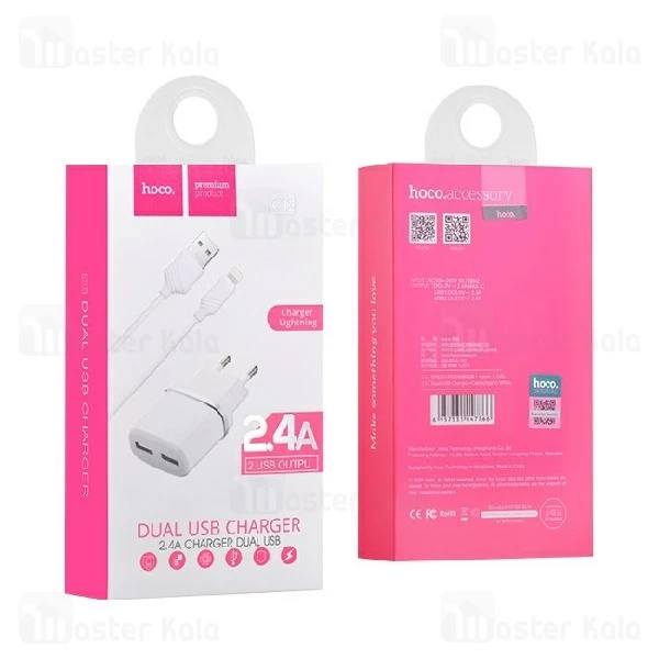 شارژر دیواری هوکو Hoco C12 Dual USB Charger توان 2.4 آمپر همراه با کابل